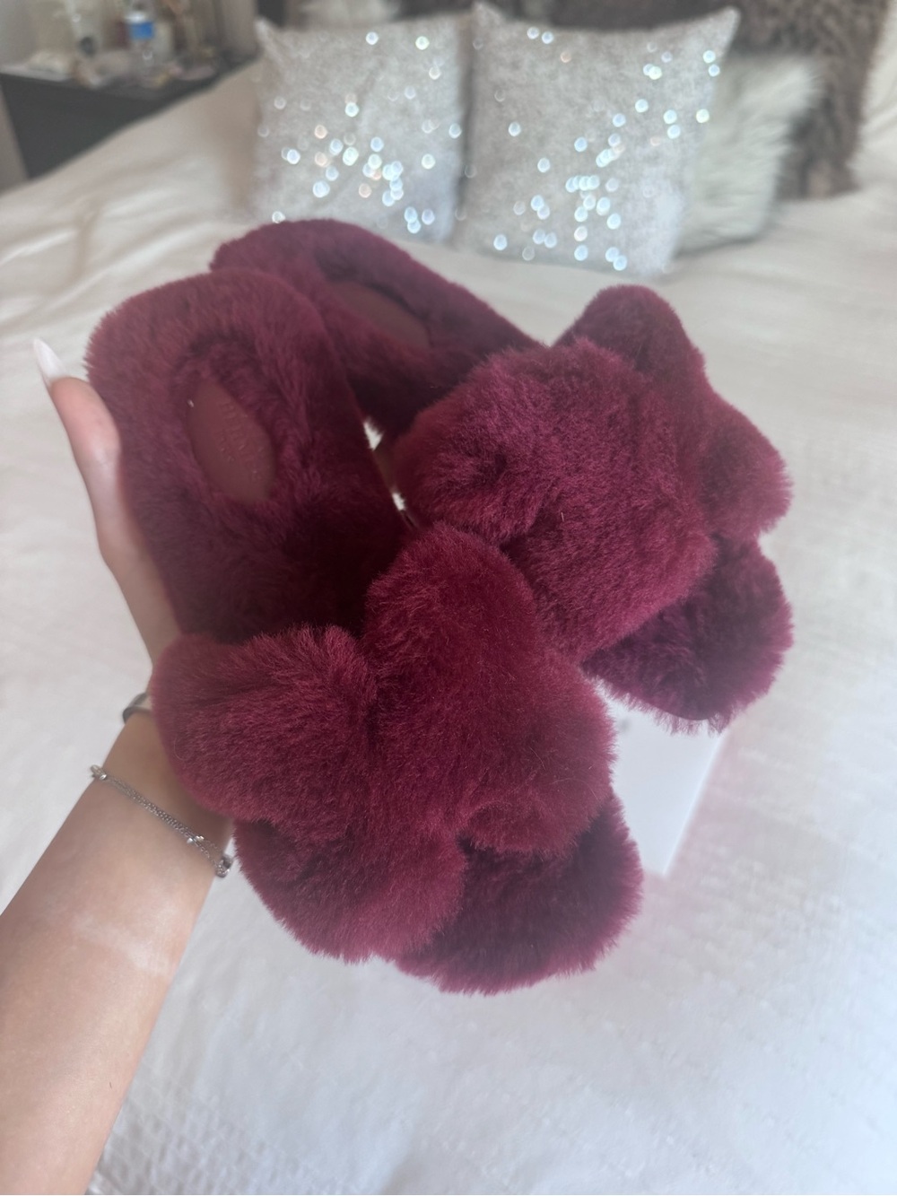 Plush Furry Slide Slippers in Deep Burgundy